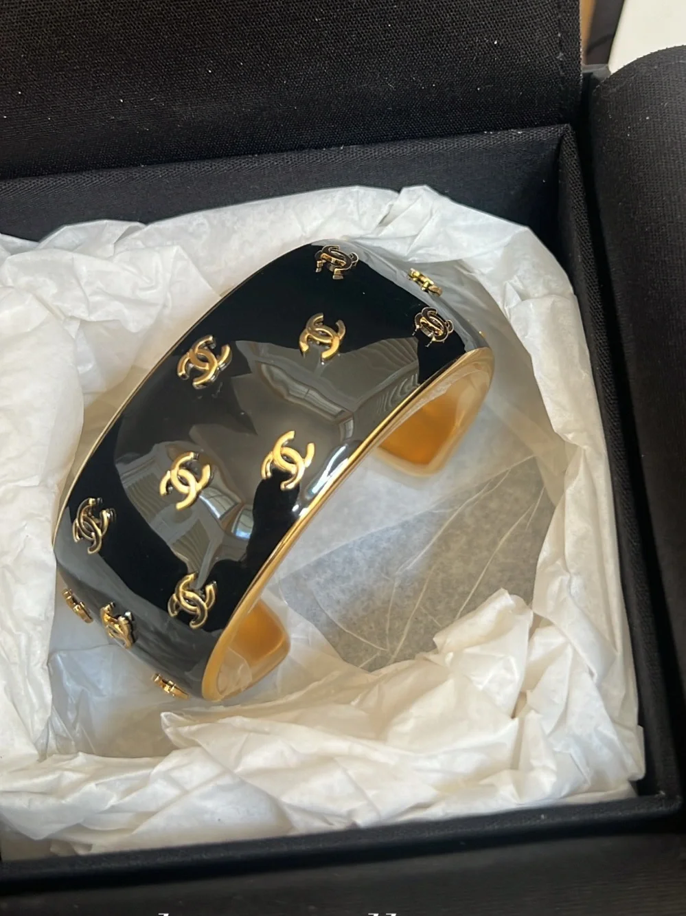❌SOLD❌ CHANEL 26 Black and Gold Logo Cuff Bracelet NIB w receipt